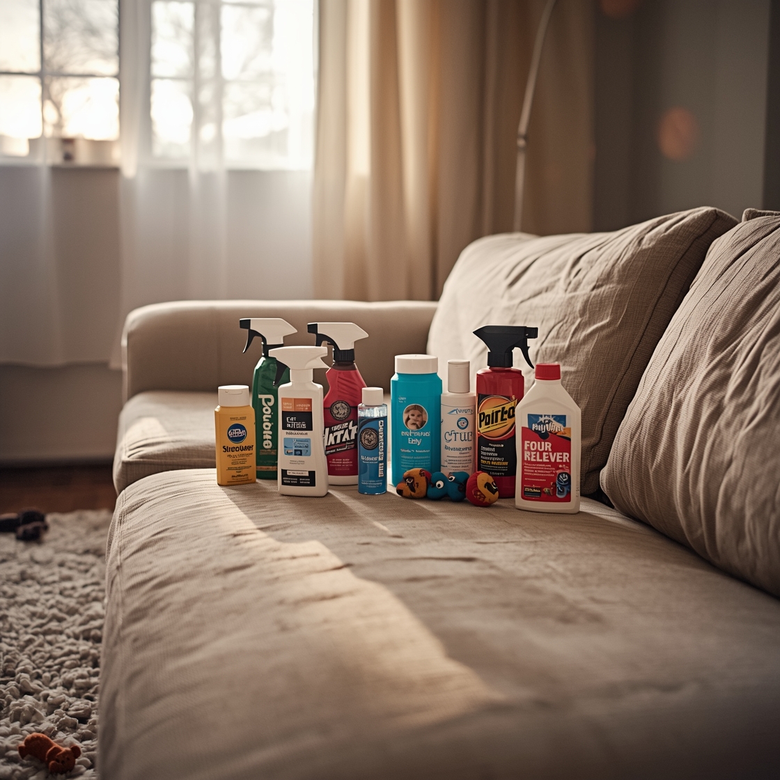 Pet stain remover products arranged on a sofa