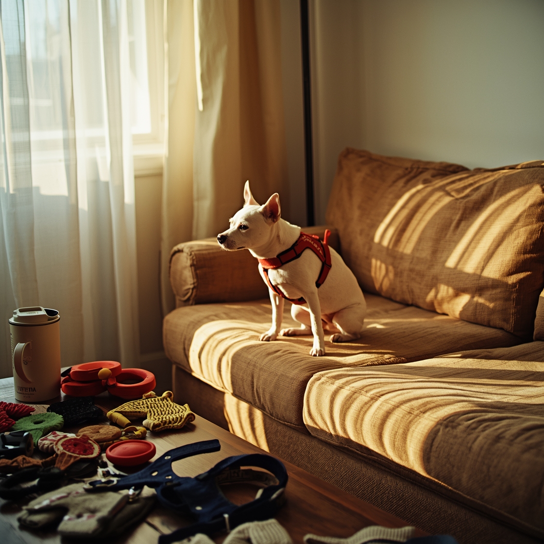 Small white terrier in red harness on cluttered living room couch