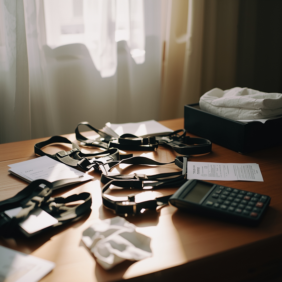 Dog harnesses and price tags scattered on a wooden desk