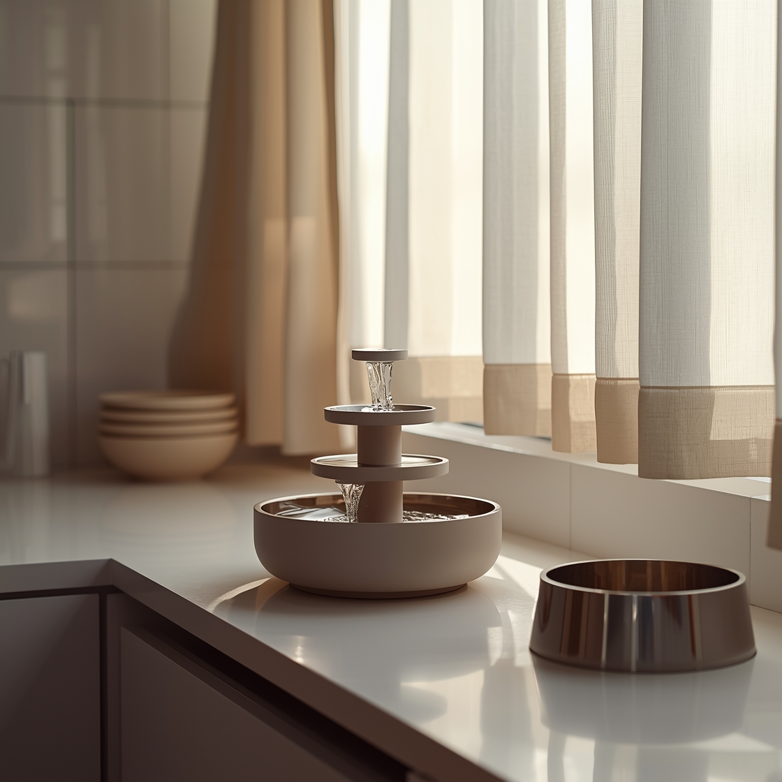 Modern pet water fountain on kitchen countertop for cats and dogs