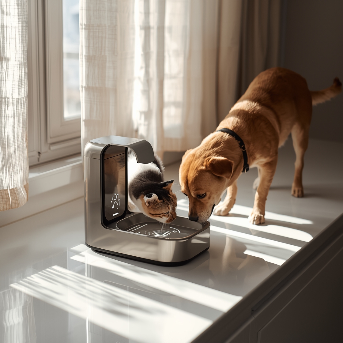 A cat and dog drinking from a pet water fountain