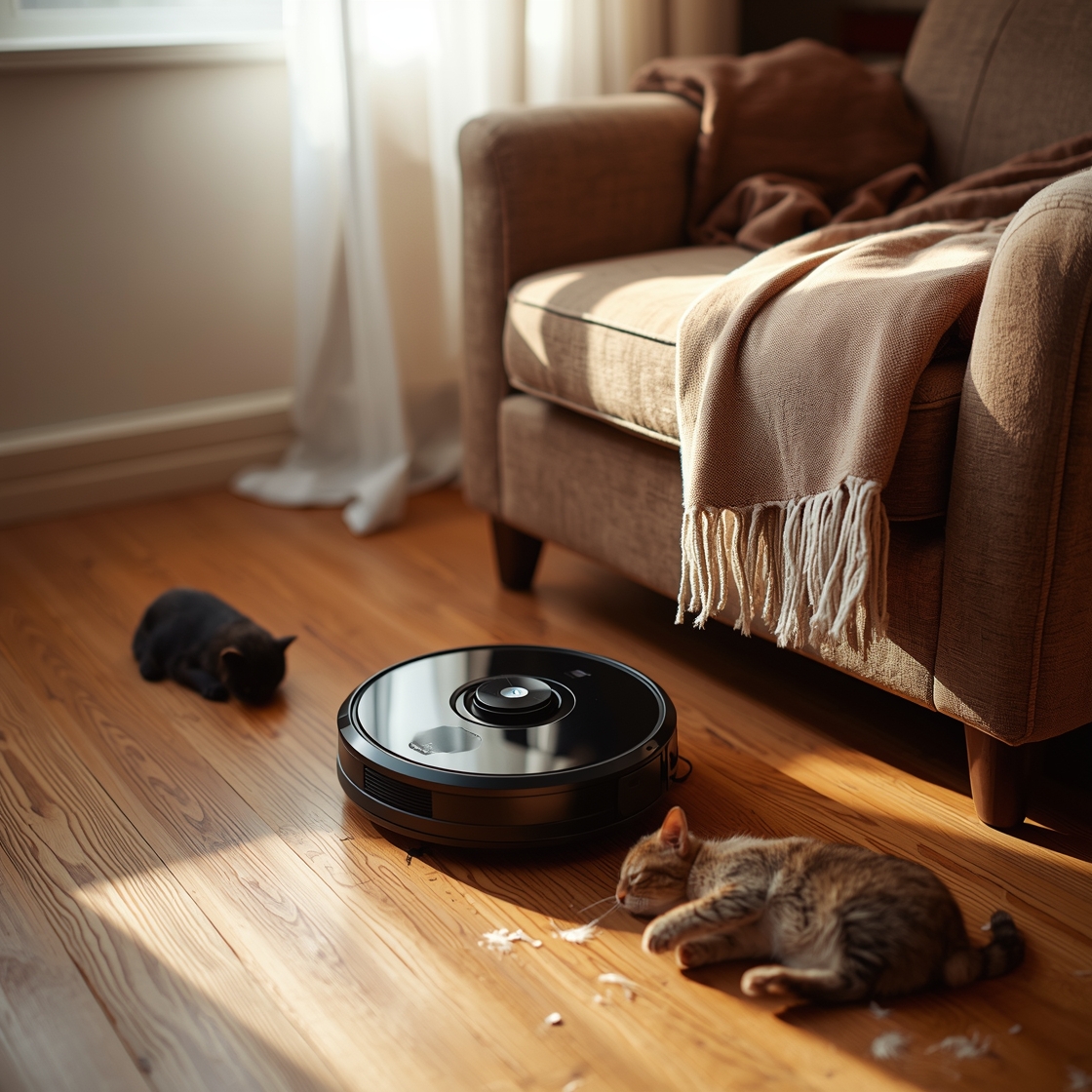 Robot vacuum cleaner on hardwood floor with cat hair and toys