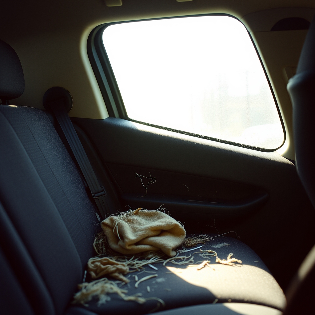 Cluttered car backseat with pet hair and cleaning tools