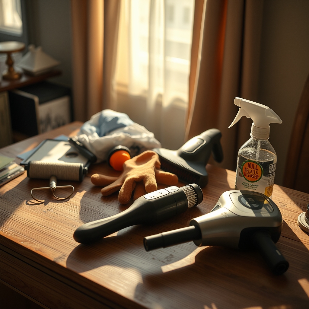 Pet hair removal tools on a garage workbench