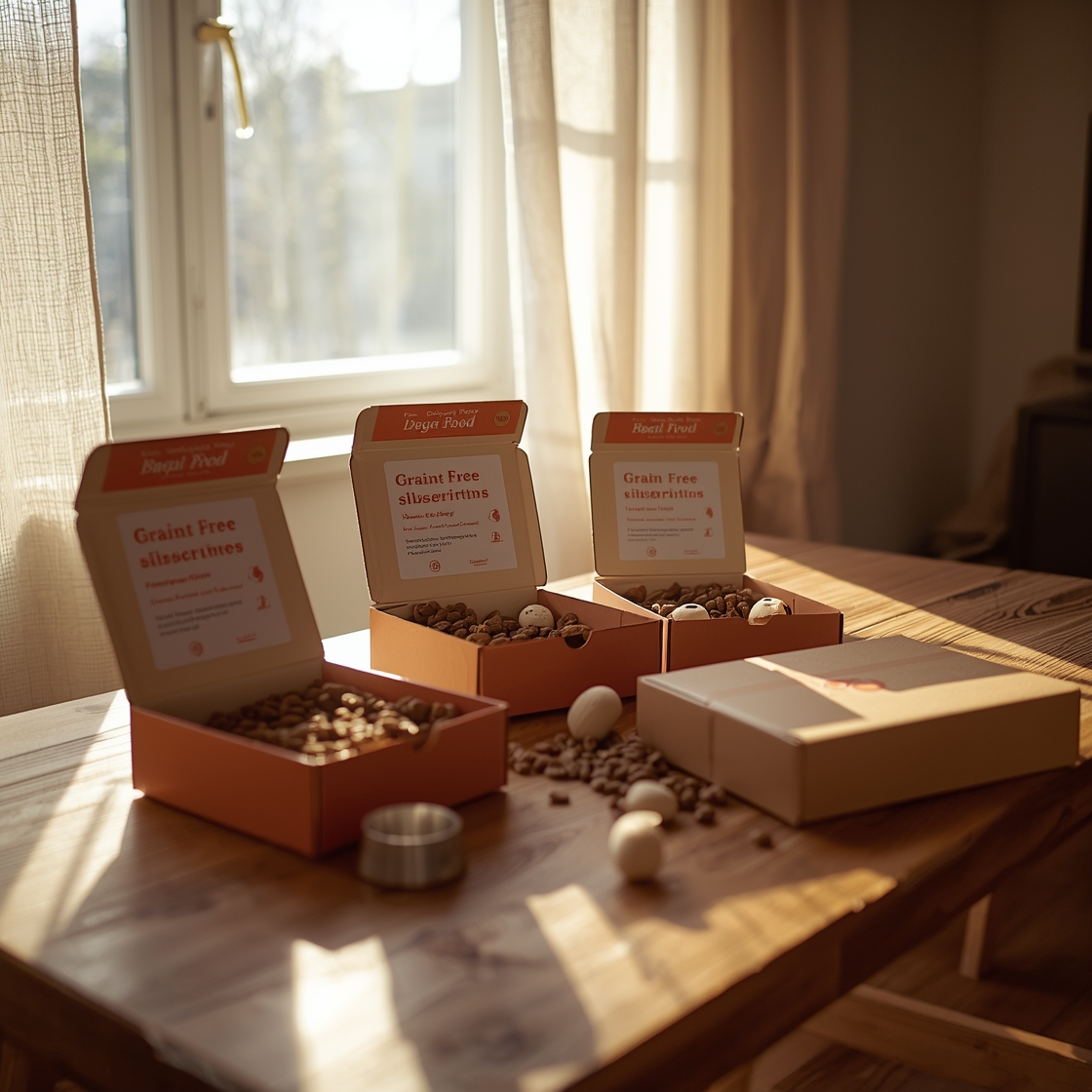 Grain-free dog food subscription boxes on a wooden table