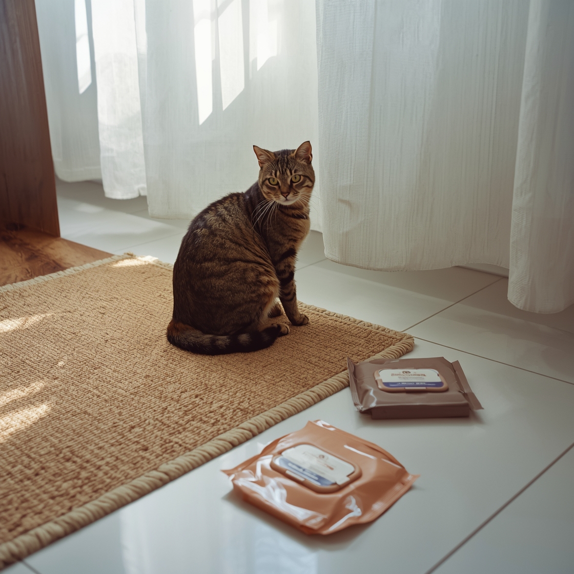 tabby cat sitting on pet mat surrounded by grooming wipes