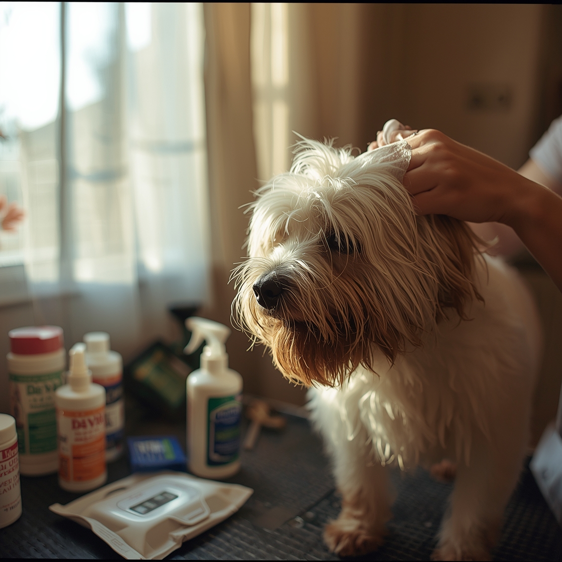 Pet grooming station with dog and person cleaning fur