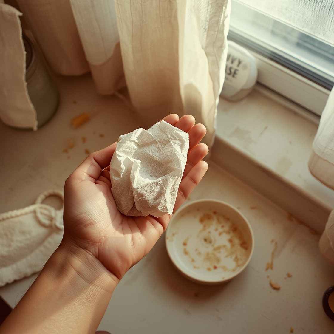 Hand holding used pet grooming wipe next to clean one