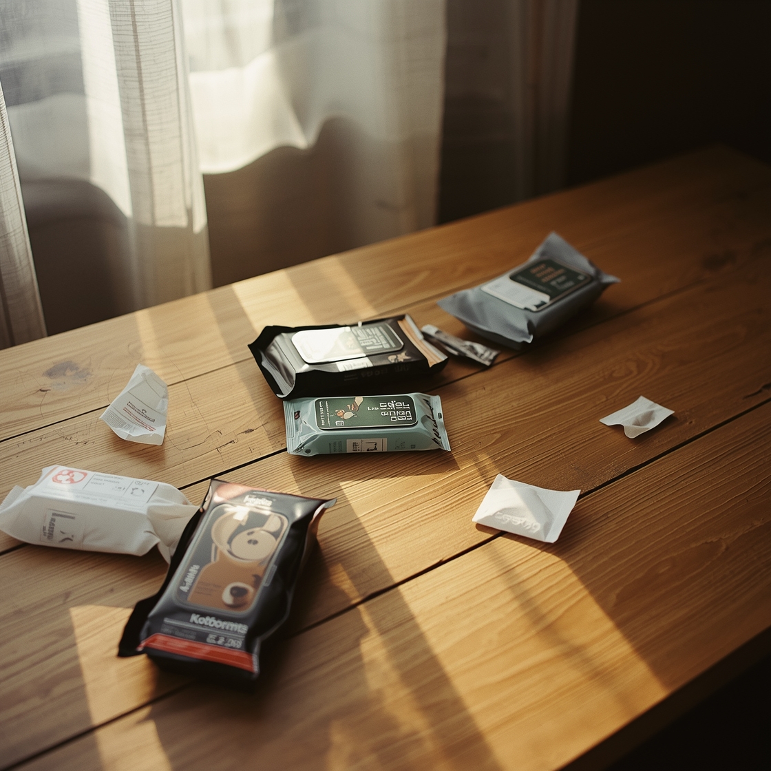 pet grooming wipes packaging scattered on a wooden desk