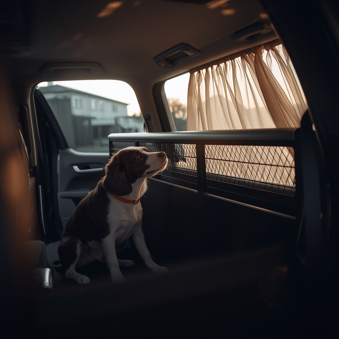 Metal and mesh dog car barrier in SUV back seat