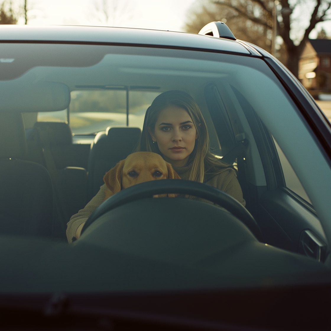 Woman driving SUV with dog safely secured behind car barrier