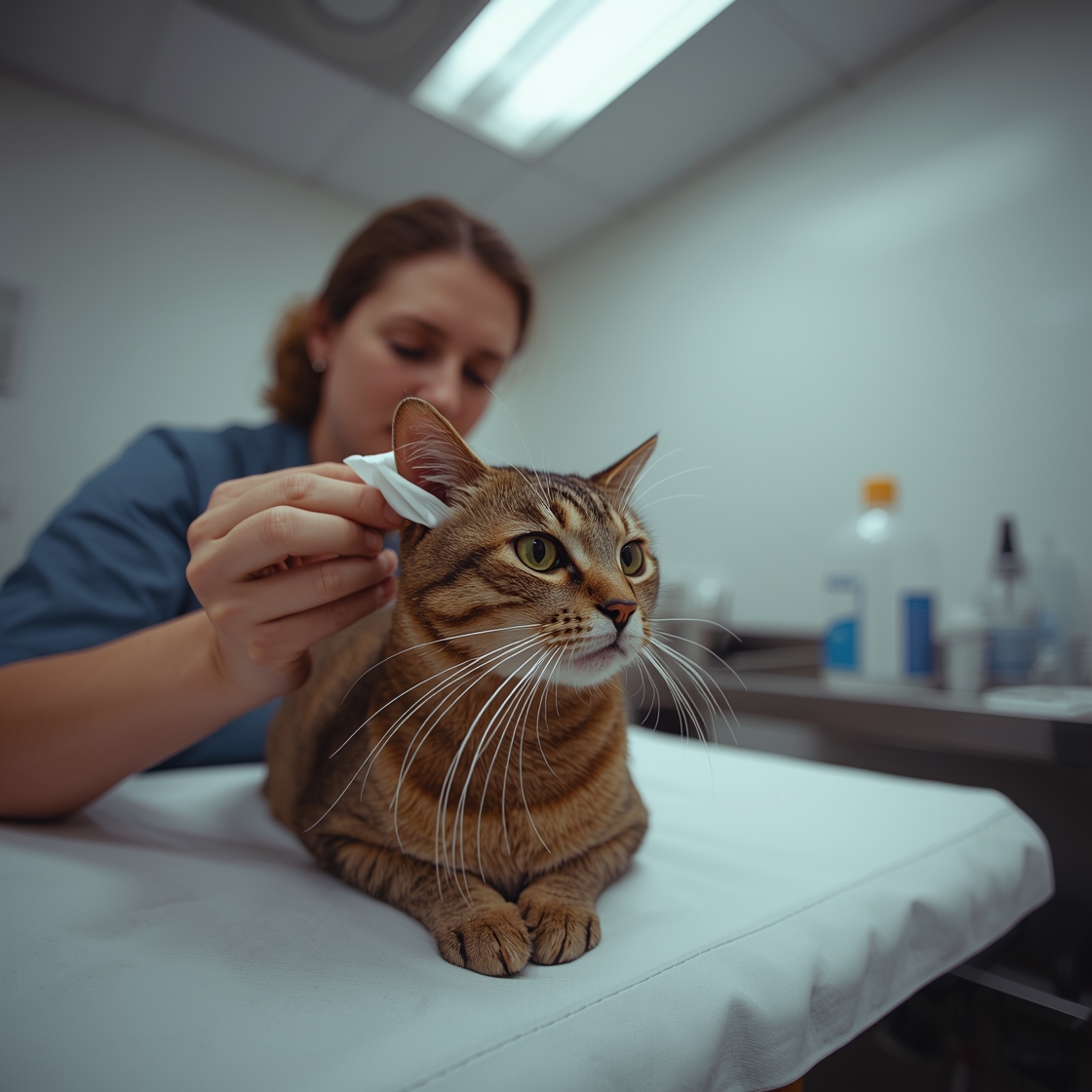 Veterinarian cleaning cat's ear with pet ear cleaning wipe
