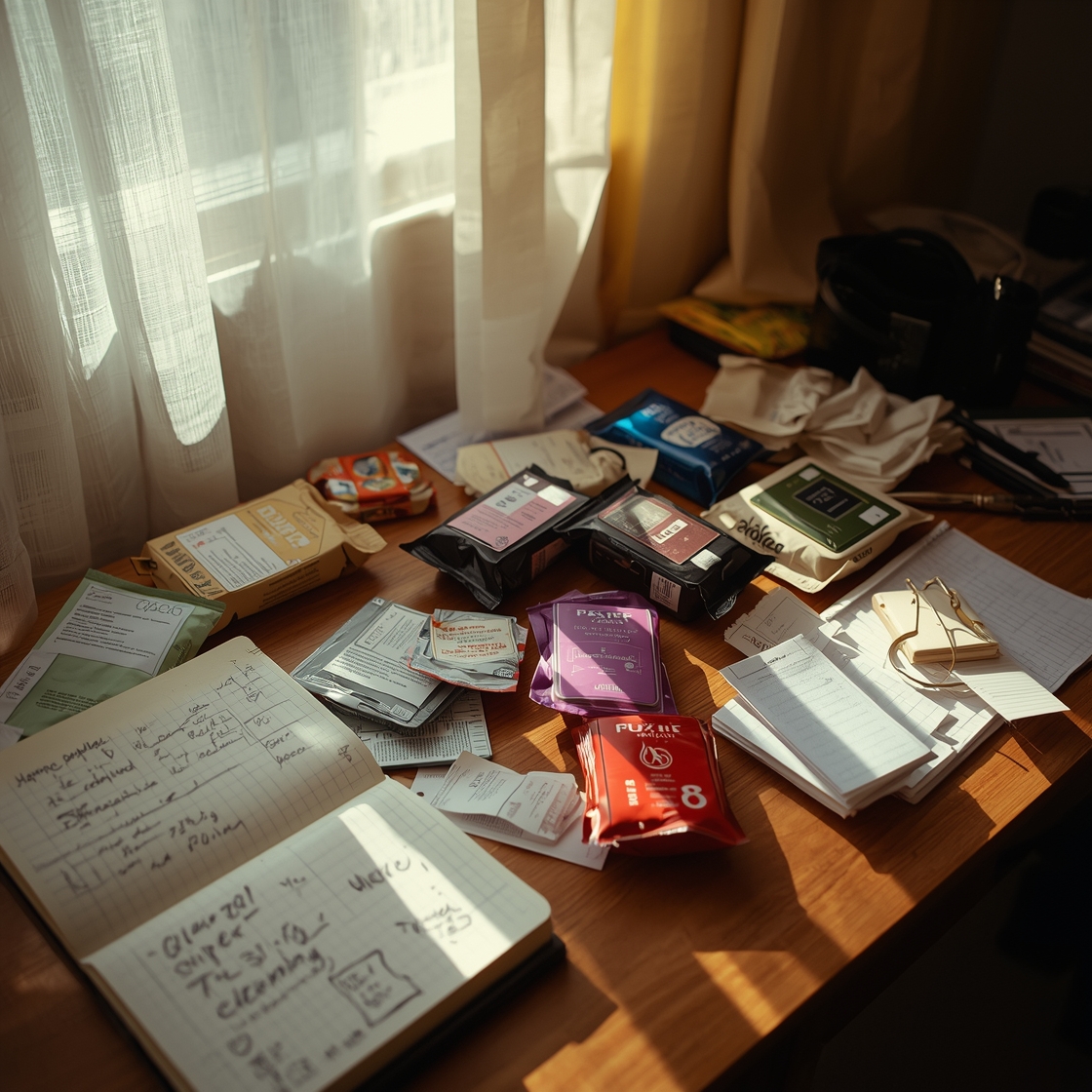 Cluttered desk with pet ear cleaning wipes and notes