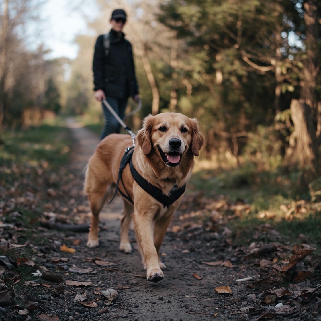 Dog in harness being led on outdoor trail by person