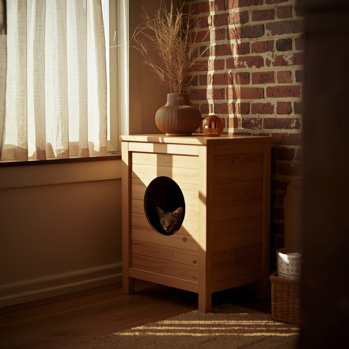 Modern wooden cat litter box enclosure in home corner