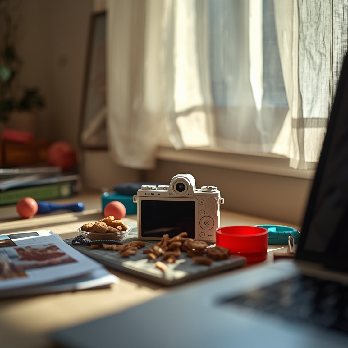 A pet camera on a home office desk surrounded by pet toys