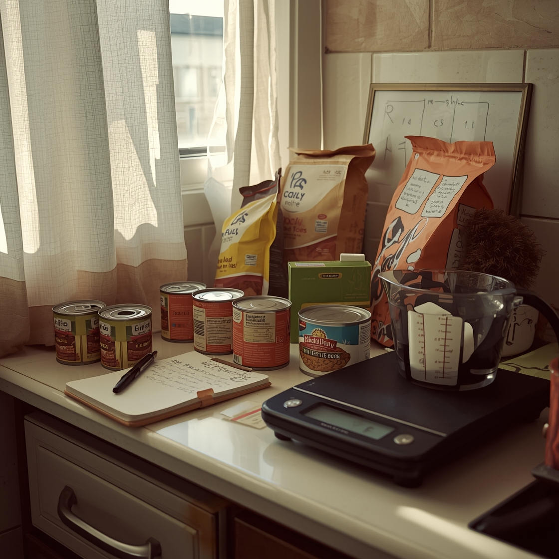 Cluttered kitchen counter with dog food labels and testing equipment