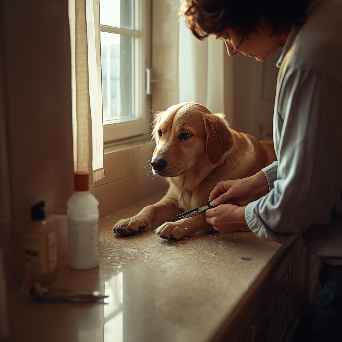 Owner safely grooming dog at home, trimming nails on countertop