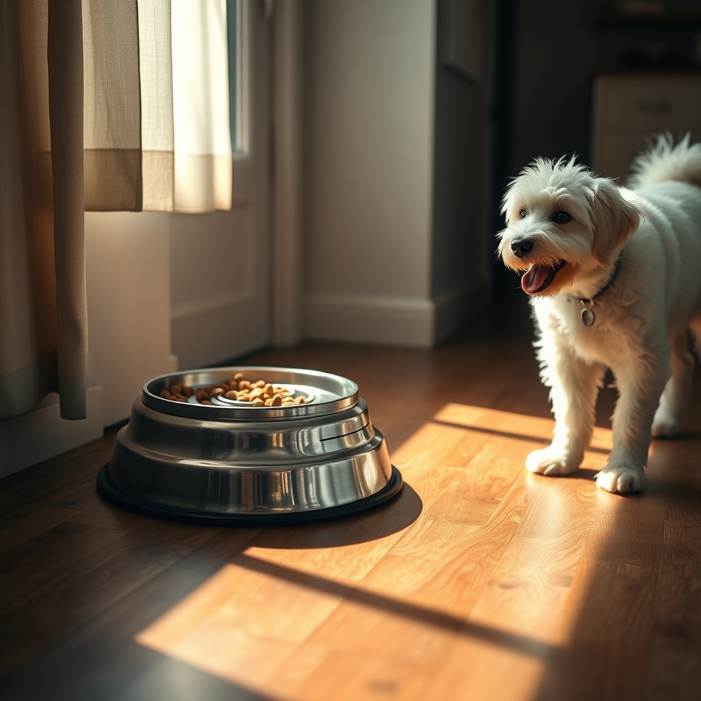Stainless steel slow feeder dog bowl on wooden kitchen floor beside eager white dog