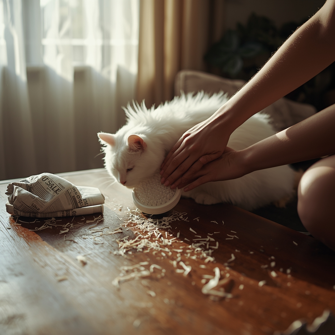 Person brushing a cat with a pet shedding brush on a coffee table