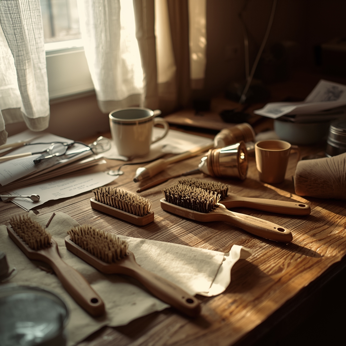 Pet shedding brushes scattered on a cluttered wooden desk