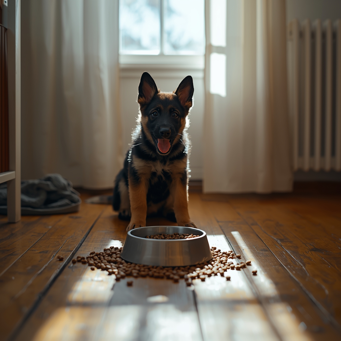 German Shepherd puppy eating dry dog food on wooden floor
