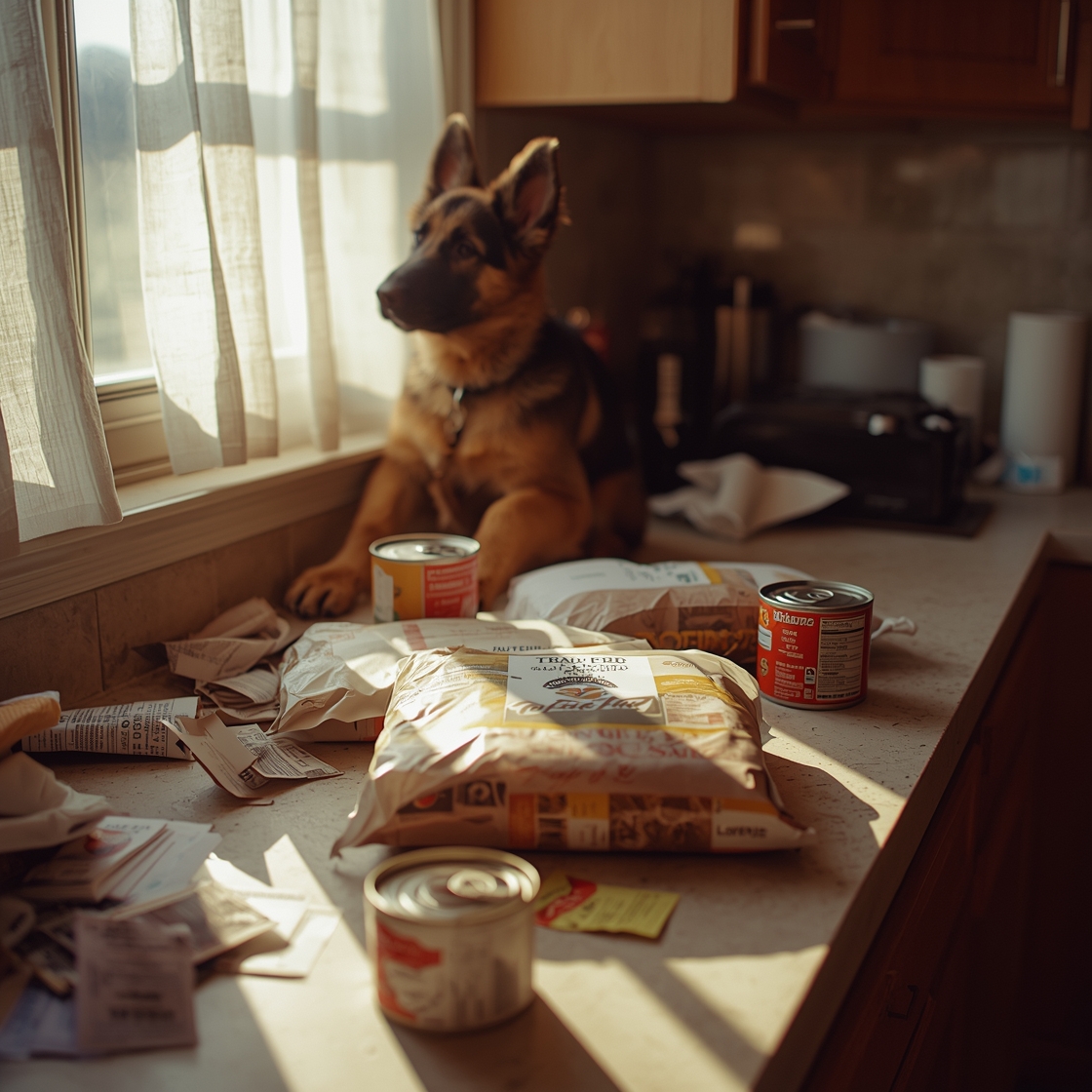 German Shepherd puppy surrounded by dog food and shopping items