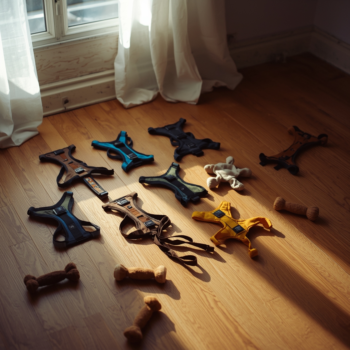 Seven no-pull dog harnesses for large breeds on wooden floor