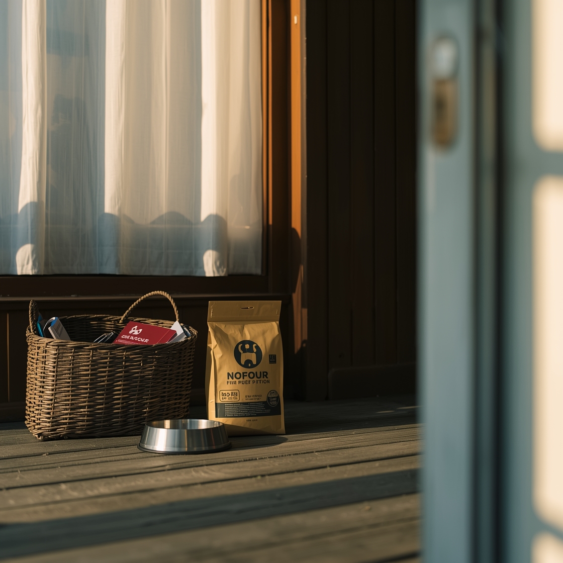 Dog food subscription box on a rustic porch