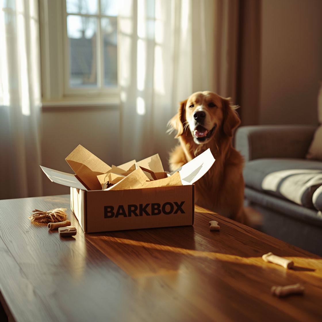 Golden retriever beside unboxed BarkBox on rustic coffee table