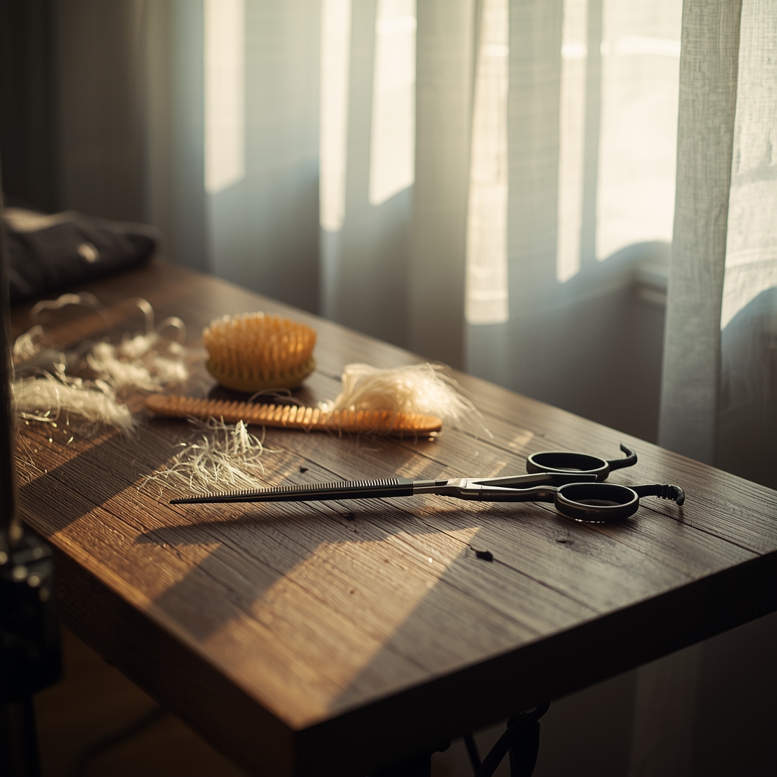 High-quality dog grooming scissors on a wooden table with grooming tools