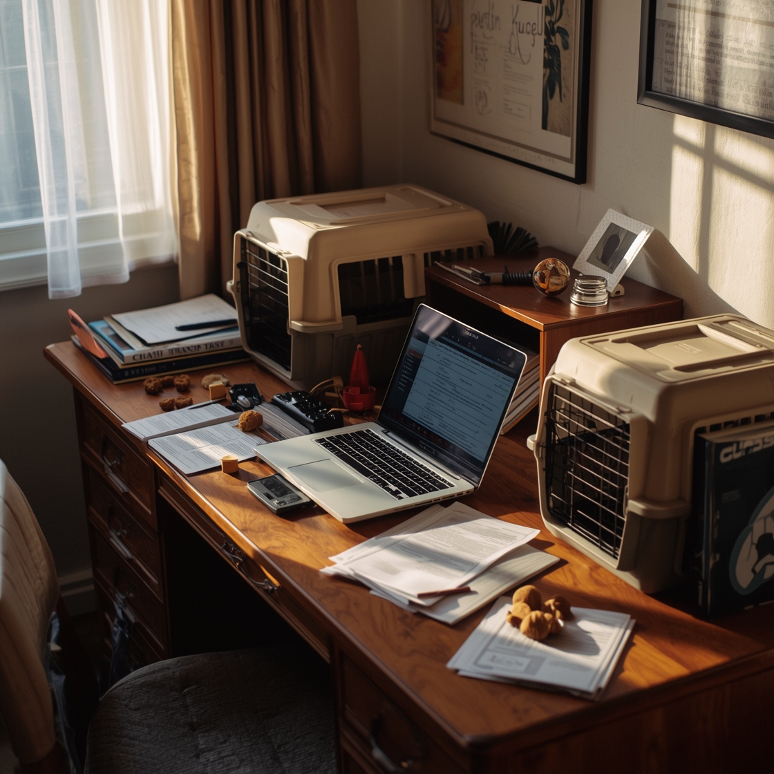 Cluttered home office workspace with pet travel crates and safety reports