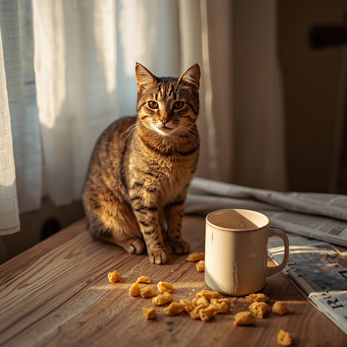 A tabby cat sitting on a rustic table with dental issues