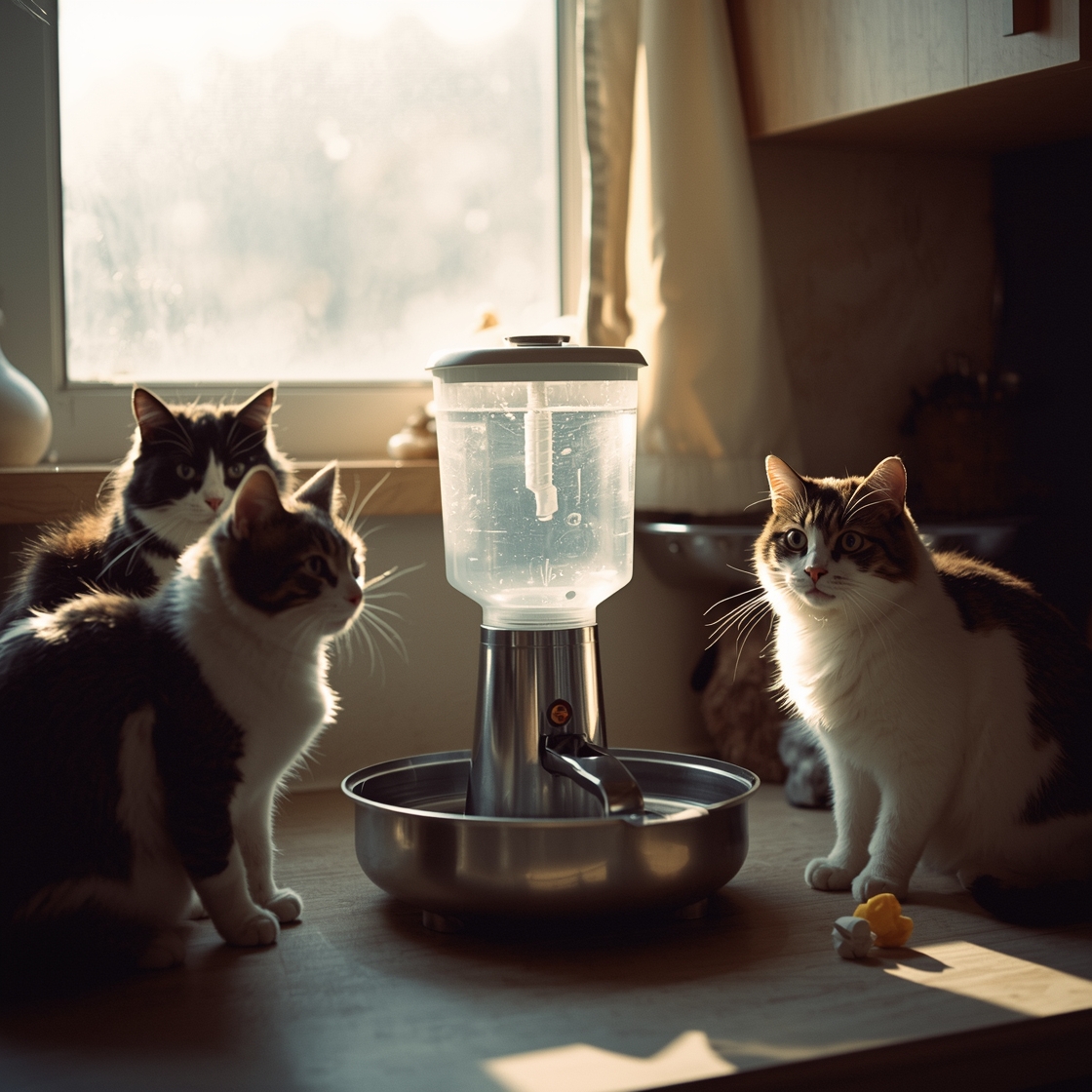 Stainless steel cat water fountain with filter and curious cats