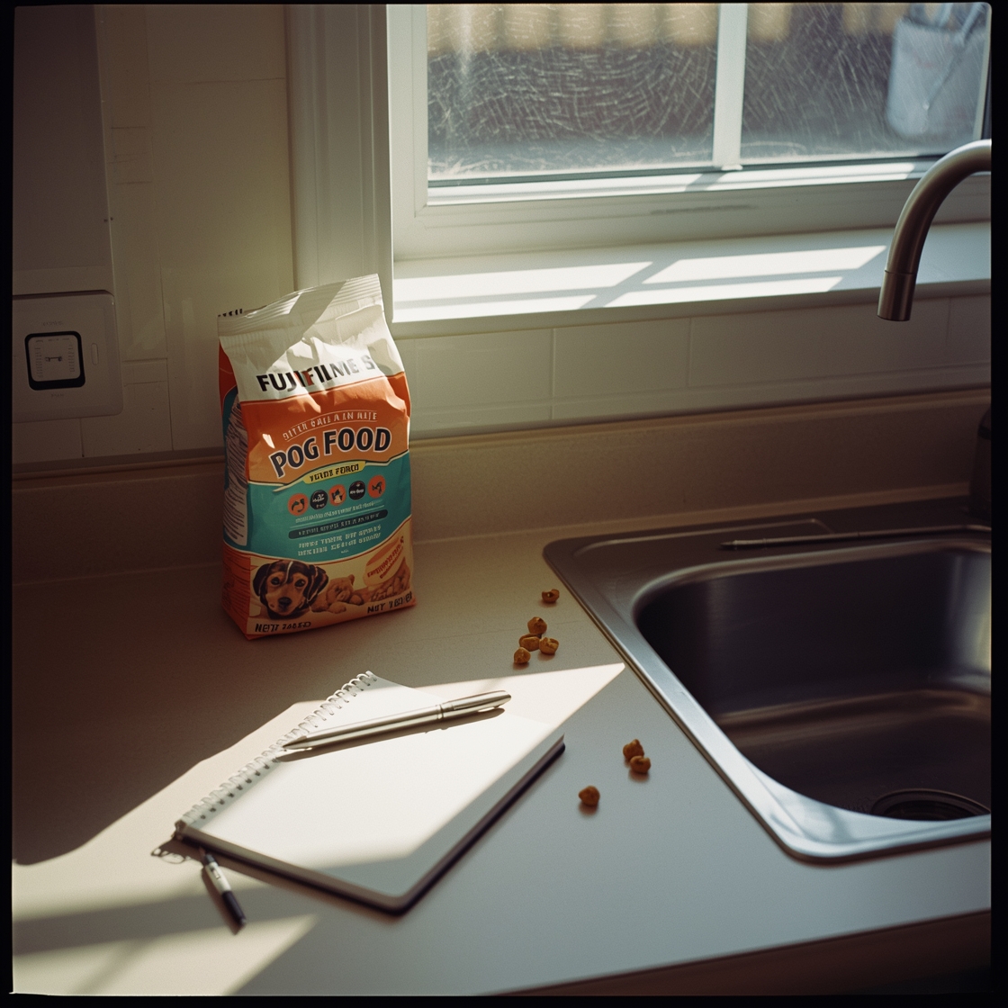 A kitchen counter with dog food and notebook for testing