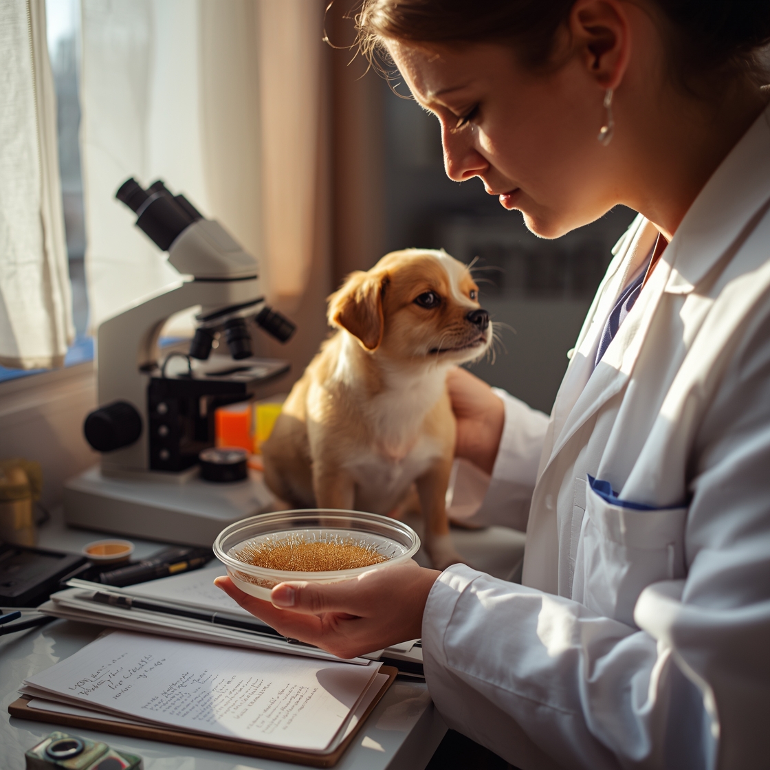 Veterinarian examining petri dish with microscope in laboratory setting