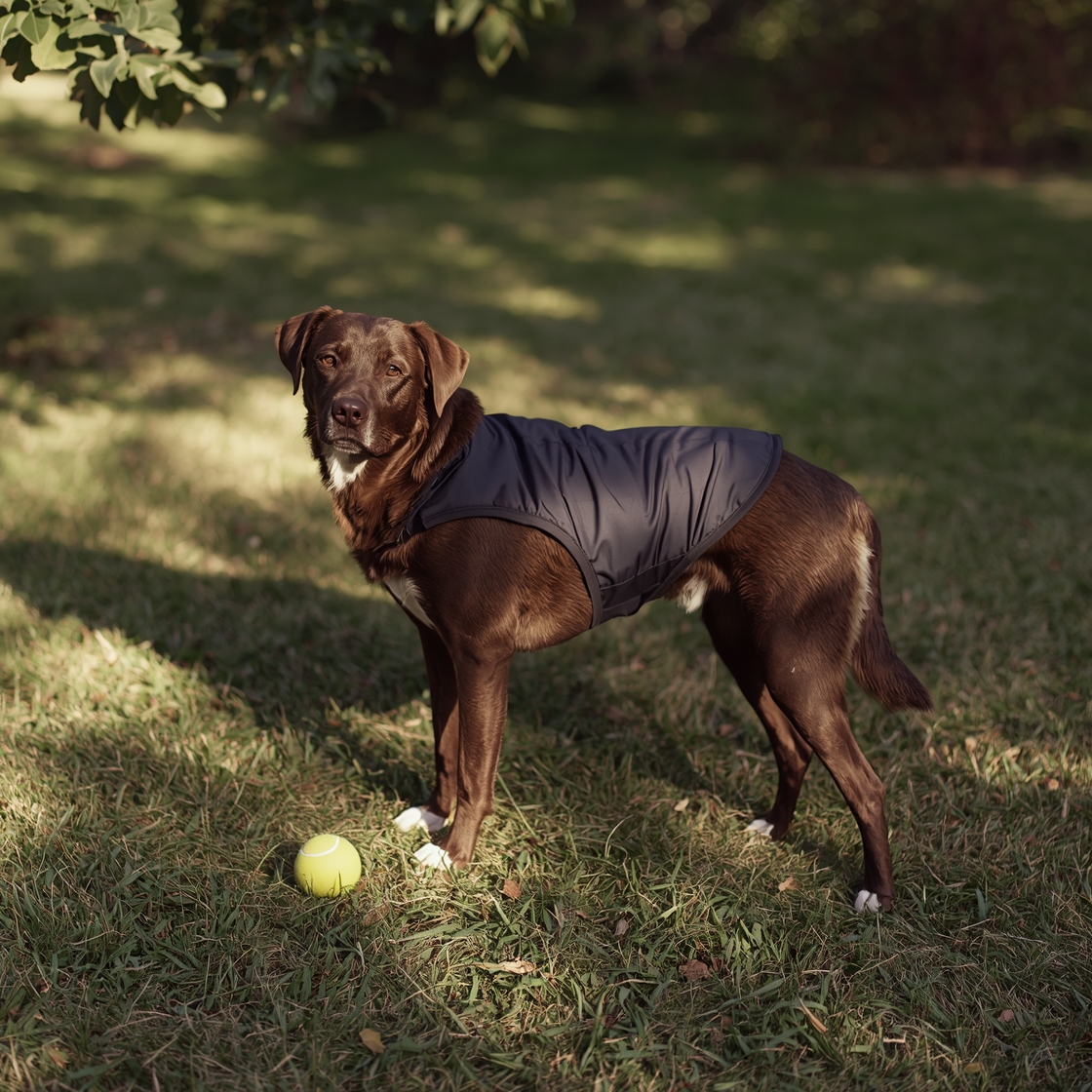 A brown dog wearing a cooling vest on a sunny lawn