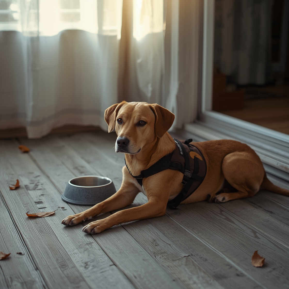 A brown dog wearing a Kuoser Dog Cooling Vest on a deck