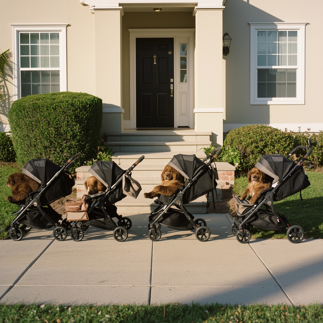 Side-by-side comparison of seven dog strollers on a sidewalk
