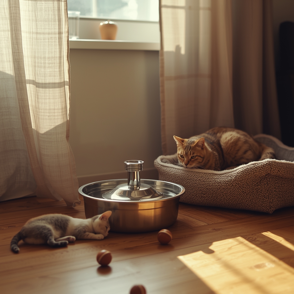 Multiple cats drinking from a stainless steel pet water fountain