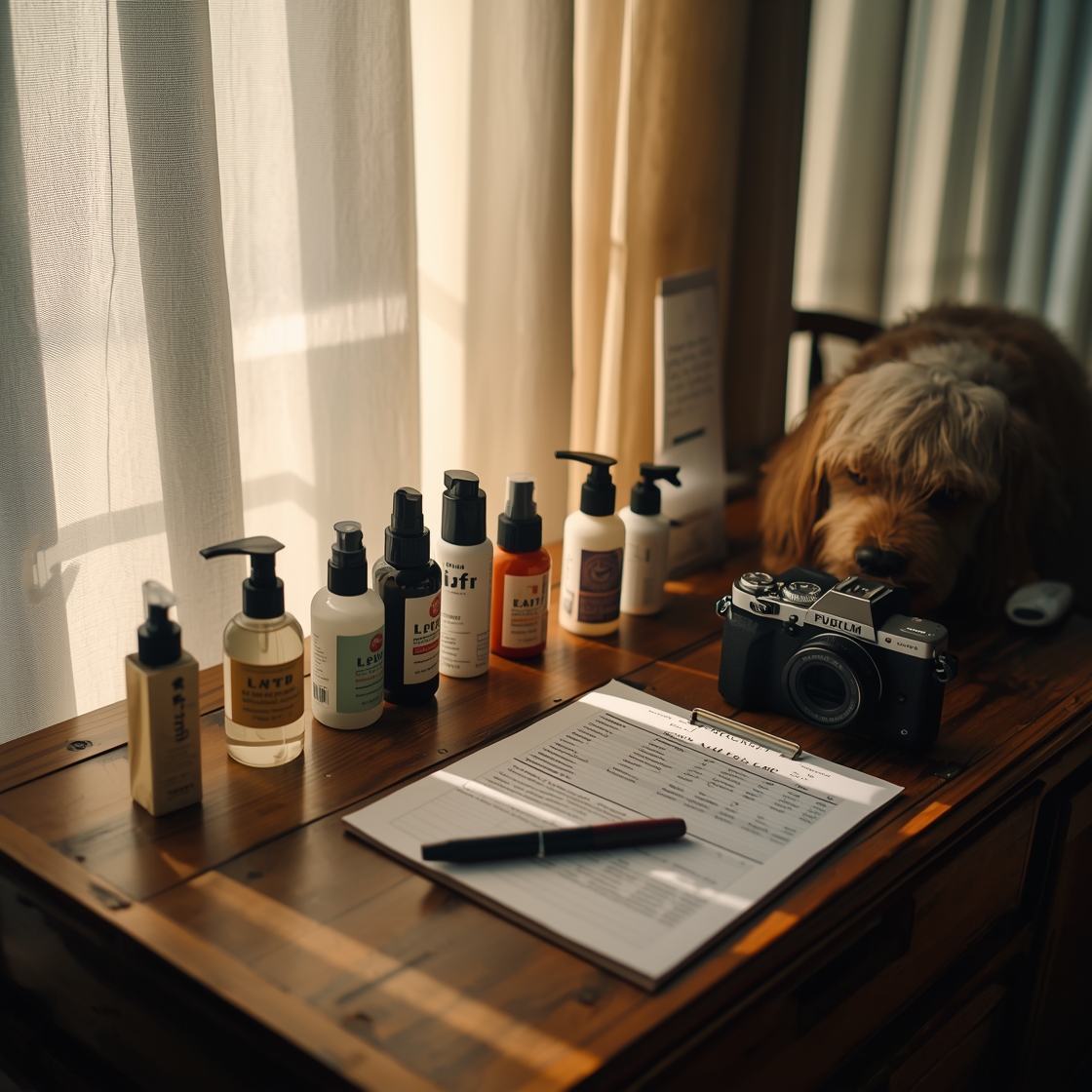 pet grooming kits laid out for comparison on wooden table