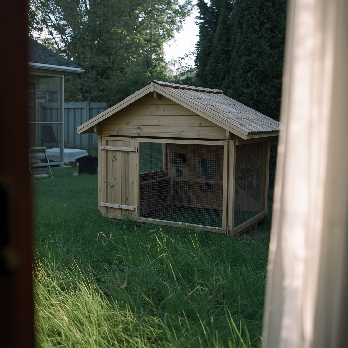 A secure outdoor rabbit hutch in a backyard setting