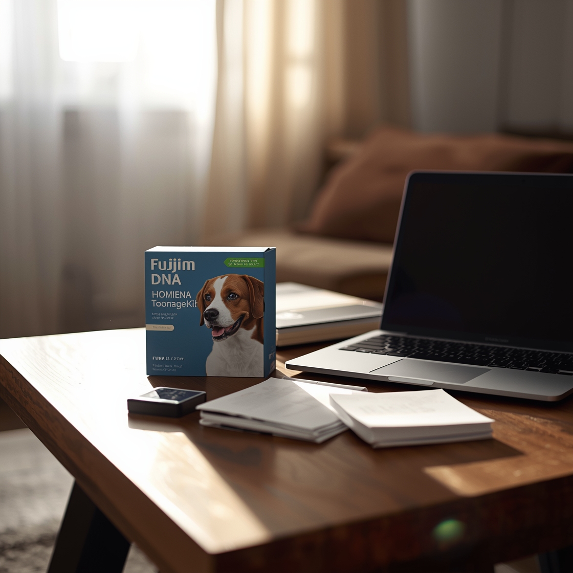 Dog DNA test kit and contents on wooden desk beside laptop