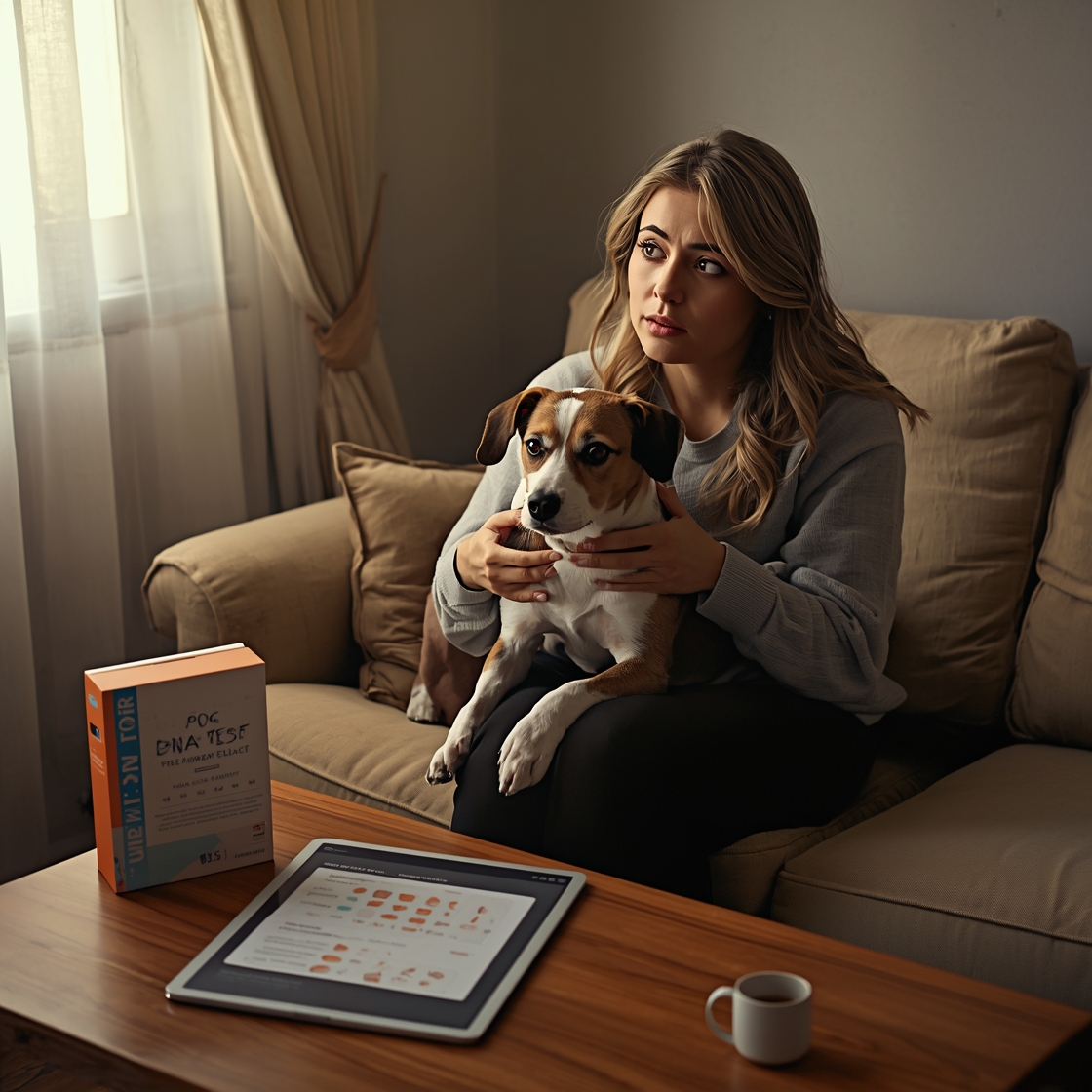Woman with mixed breed dog reviewing DNA test results at home
