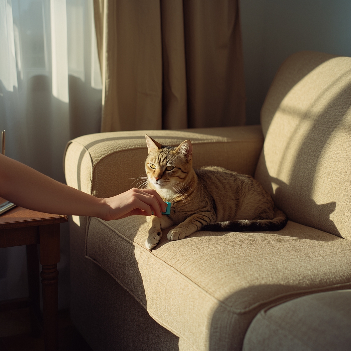 A tabby cat being gently brushed on a plush couch at home