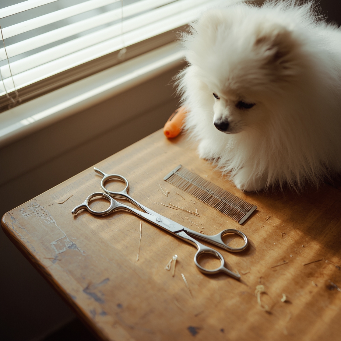 Pet grooming scissors and fluffy white Pomeranian on wooden table