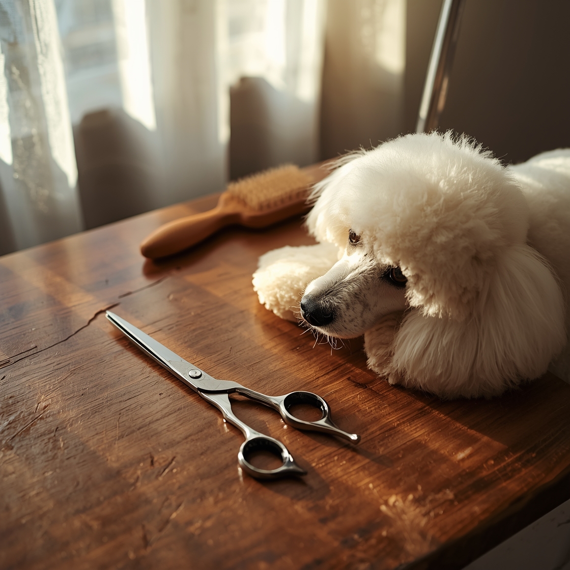 Tweezerman Pet Grooming Scissors on a wooden grooming table