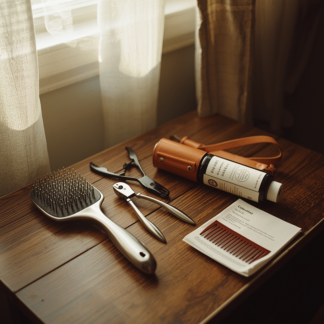 Pet grooming kit with brush, clippers, and shampoo on wooden table