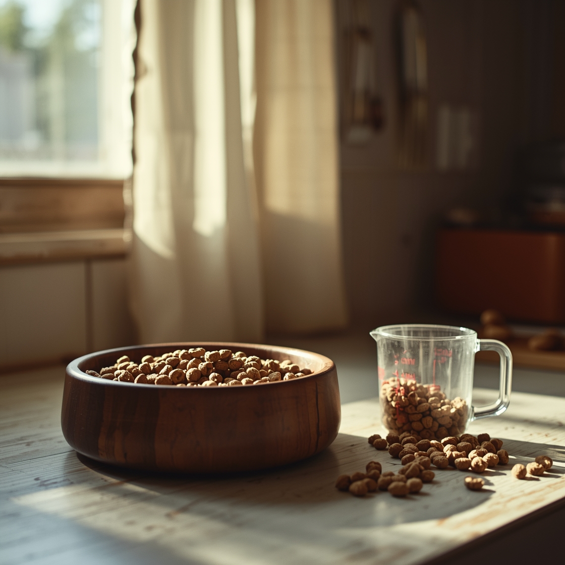 A rustic wooden dog bowl filled with high-fiber dog kibble