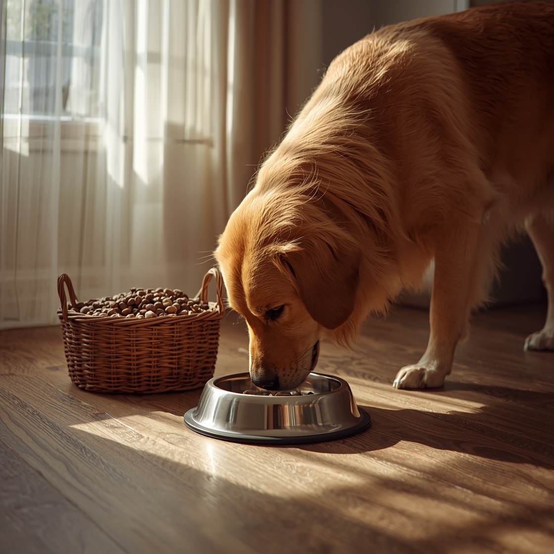 A golden retriever eating high-fiber dog food from a bowl